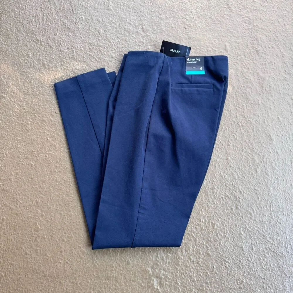 NWT Women’s Alfani Pants Sz 6 Skinny Leg Comfort Waist Navy Office Minimalist - Picture 2 of 9